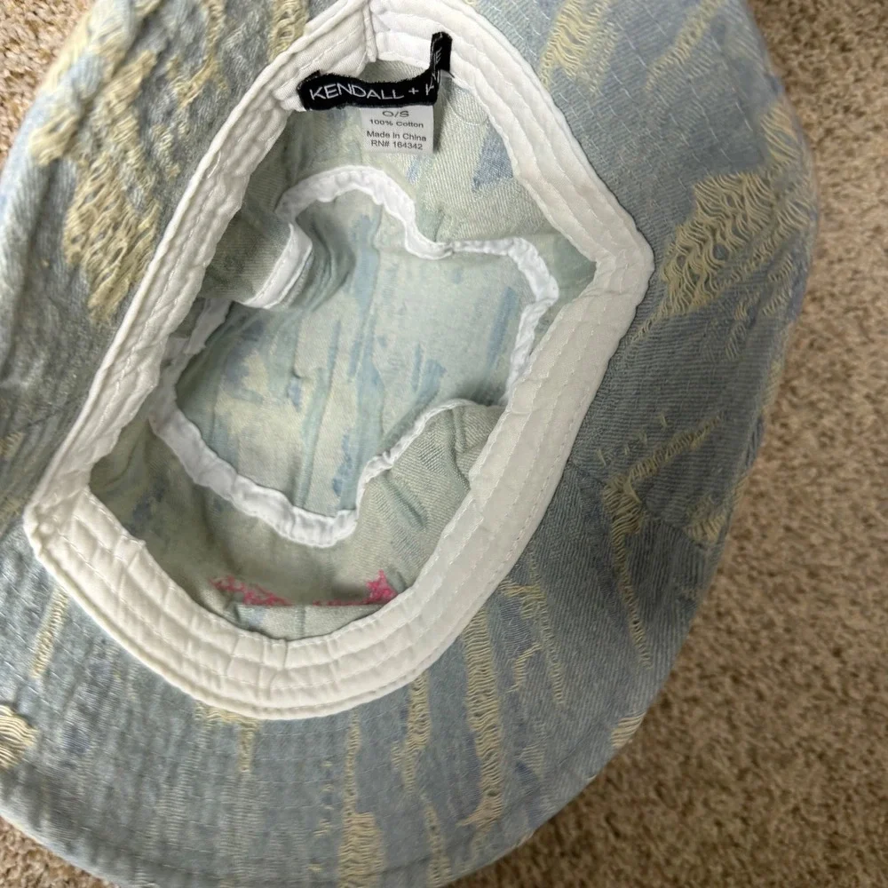 Kendall + Kylie Light Wash Distressed Denim Bucket Hat Pink Logo O/S